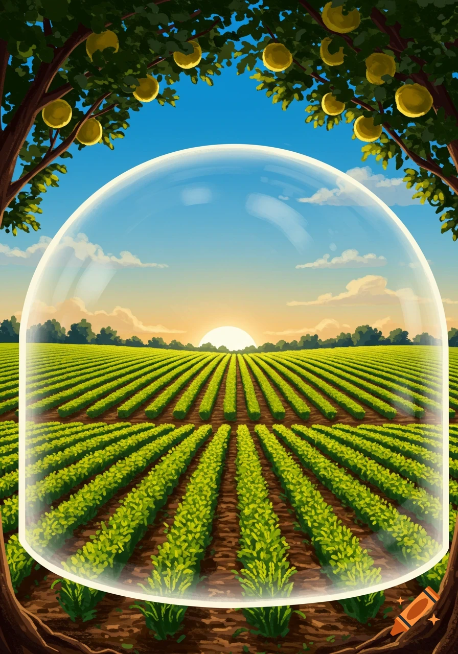 An illustrated agricultural field with rows of green crops under a clear dome, framed by fruit trees, at sunrise.