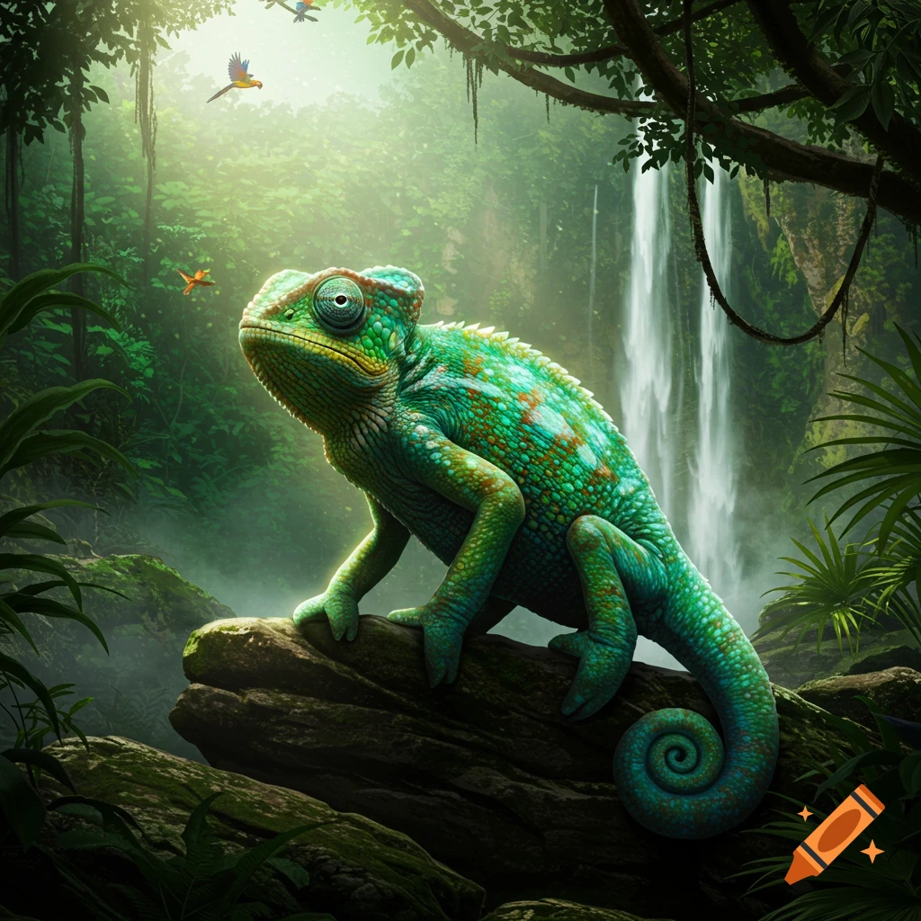 A vibrant green and teal chameleon with a coiled tail sits on a rock in a lush, sunlit jungle with a waterfall.