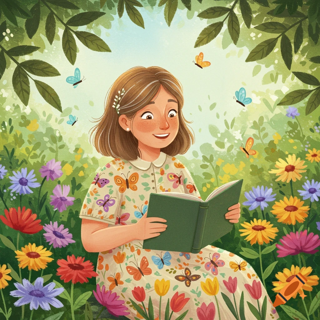 A smiling girl with brown hair sits in a vibrant meadow of colorful flowers and butterflies, reading a green book. Illustrated in a whimsical children's book style.