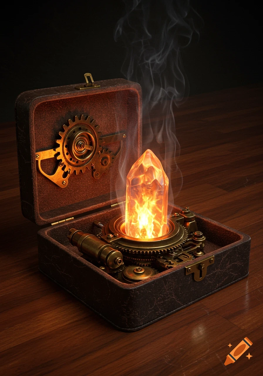 An open steampunk leather case revealing intricate gears and a glowing, flaming crystal emitting smoke.