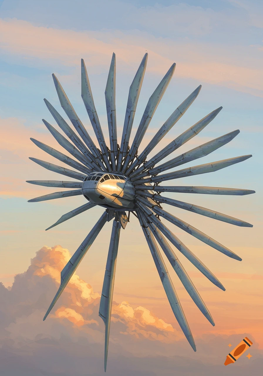 A unique multi-bladed aircraft with a small cockpit flying against an orange and blue sky with clouds.
