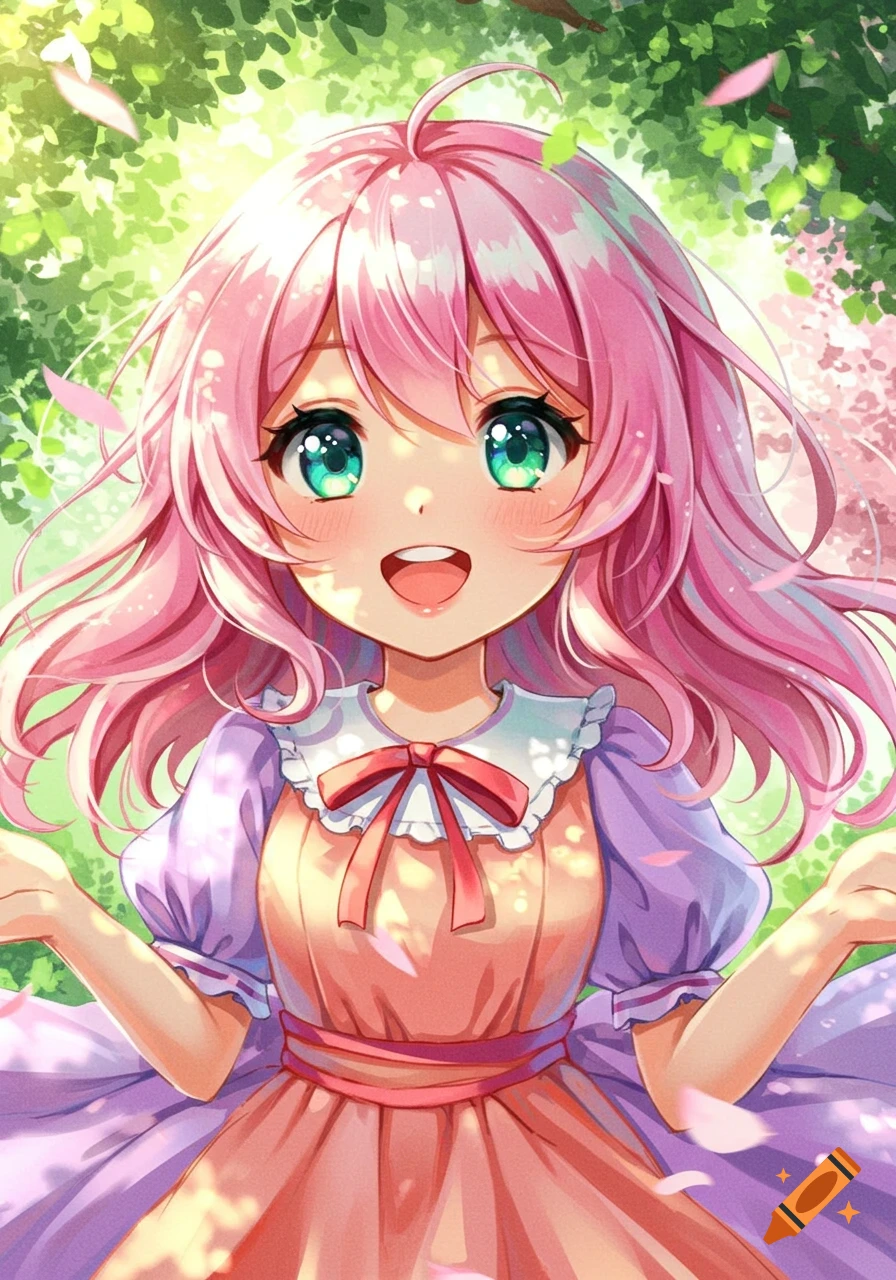 A cheerful anime girl with long pink hair and bright green eyes, wearing a pink and purple dress, surrounded by green foliage and pink petals.