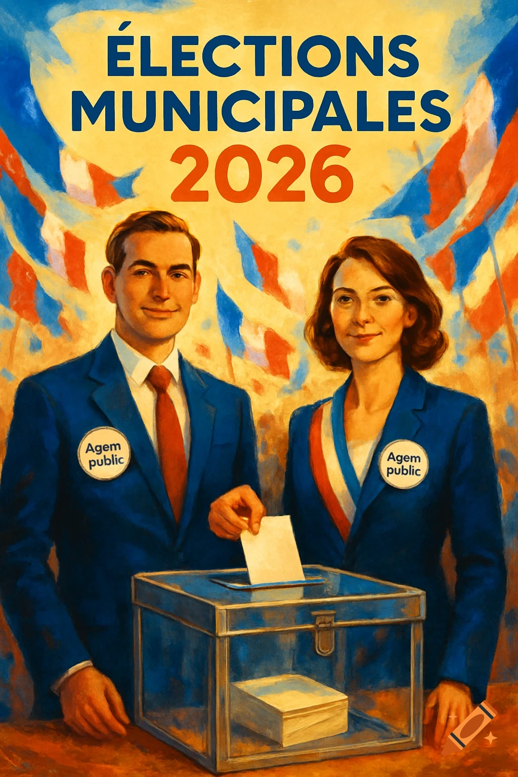 An illustration depicts a man and a woman in formal attire casting votes in a ballot box. Text at the top reads "ÉLECTIONS MUNICIPALES 2026". Both wear badges that say "Agem public". French flags are in the background.