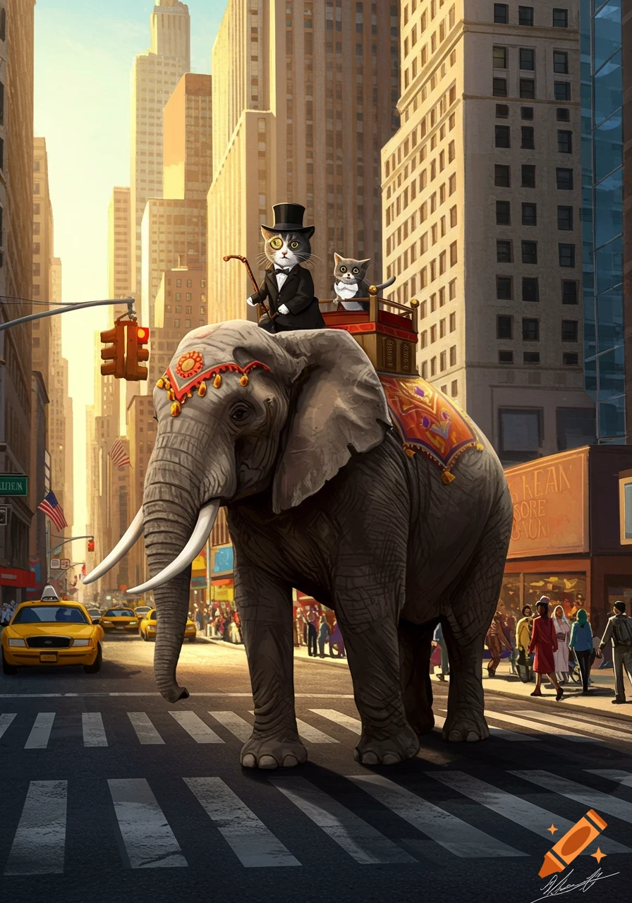 A cat in a top hat rides an ornate elephant down a busy New York City street, with another cat in a howdah.