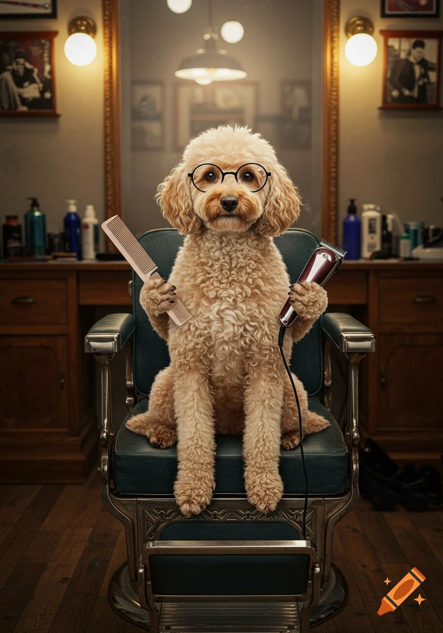 A fluffy poodle wearing round glasses sits in a vintage barbershop chair, holding a comb and hair clippers.