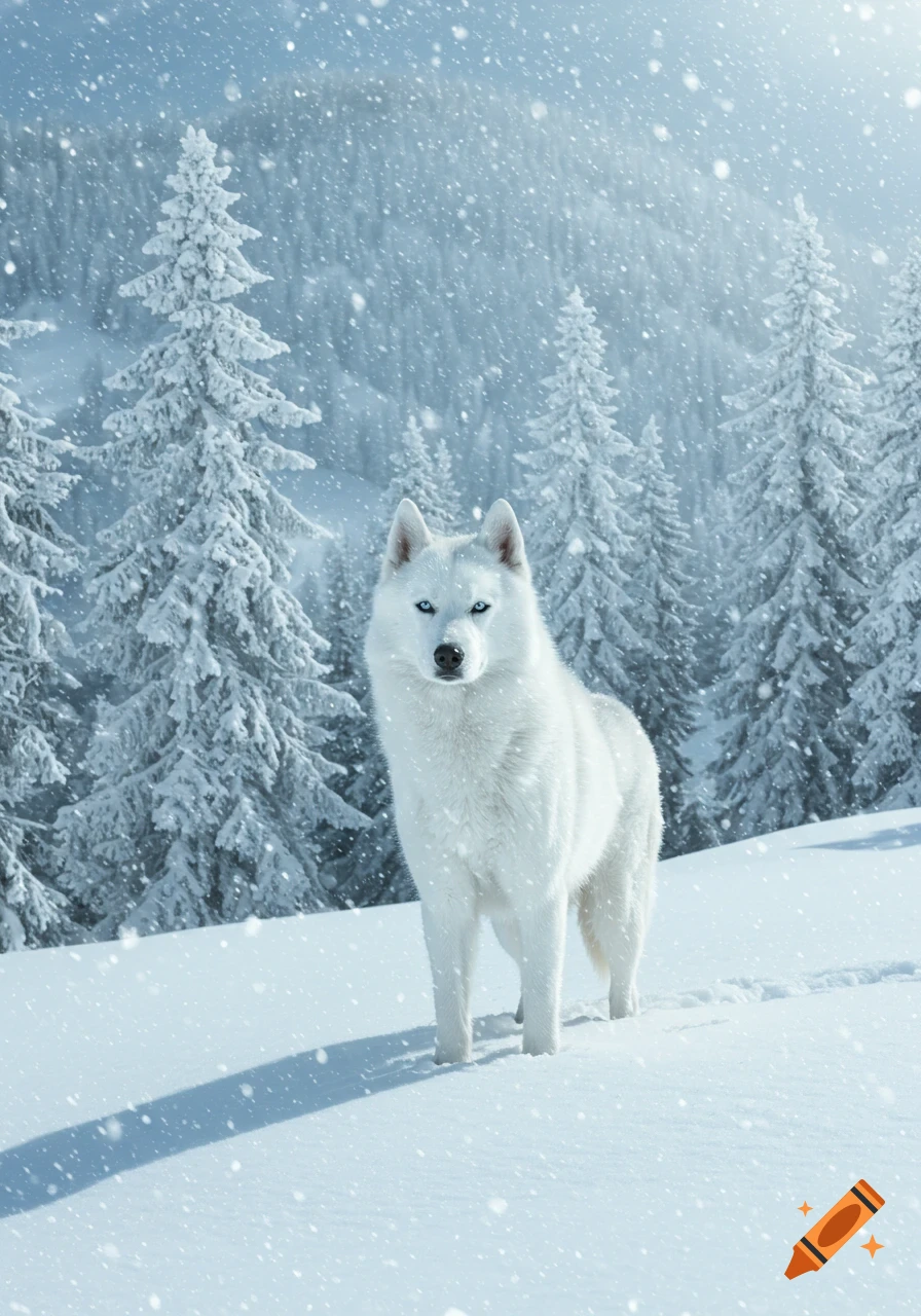 A majestic white wolf with piercing blue eyes stands in a snowy winter forest as snow falls.