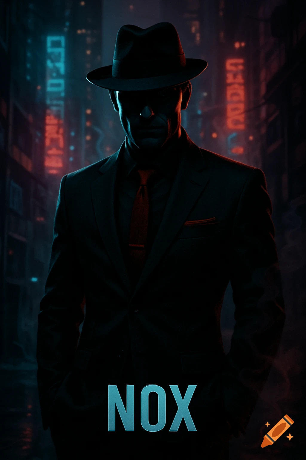 A dark, neon-lit image of a silhouetted man in a fedora and suit, with the word "NOX" at the bottom, in a cyber-noir style.