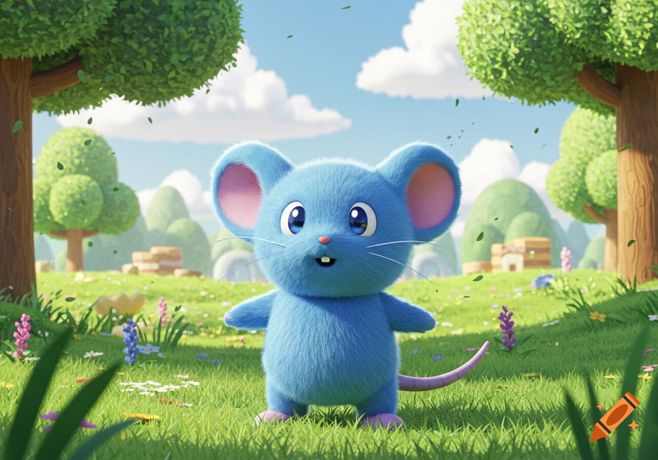 A cute, fluffy blue mouse-like character with large pink ears and a pink tail stands in a vibrant green field with trees and flowers under a blue sky.