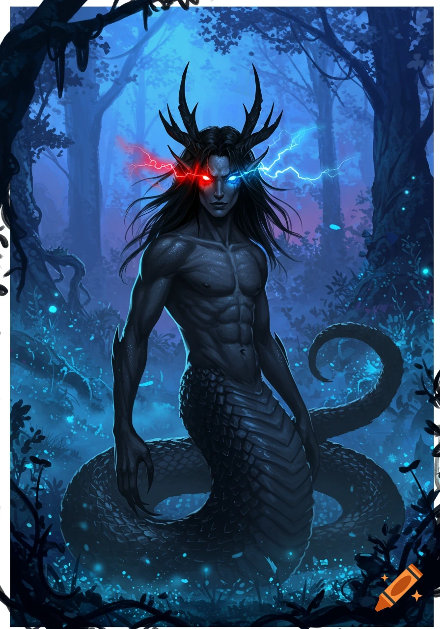 A muscular humanoid snake creature with black hair, horns, and glowing red and blue lightning eyes stands in a dark blue forest, digital illustration.