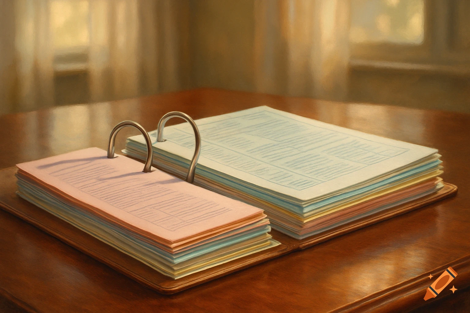 An open ring binder with pink, blue, yellow, and white work sheets rests on a polished wooden table, in a painterly style.