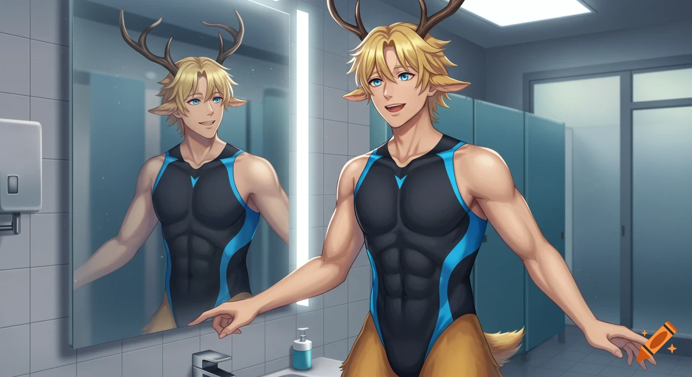 Anime-style male satyr with blond hair, blue eyes, antlers, and a tail, wearing a black and blue bodysuit swimsuit, smiling in a bathroom mirror.