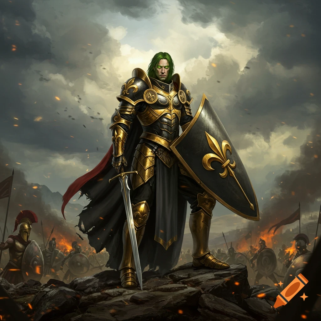 A powerful cleric in gold and black armor, with green hair, stands with a fleur de lis shield and sword over a chaotic battlefield.