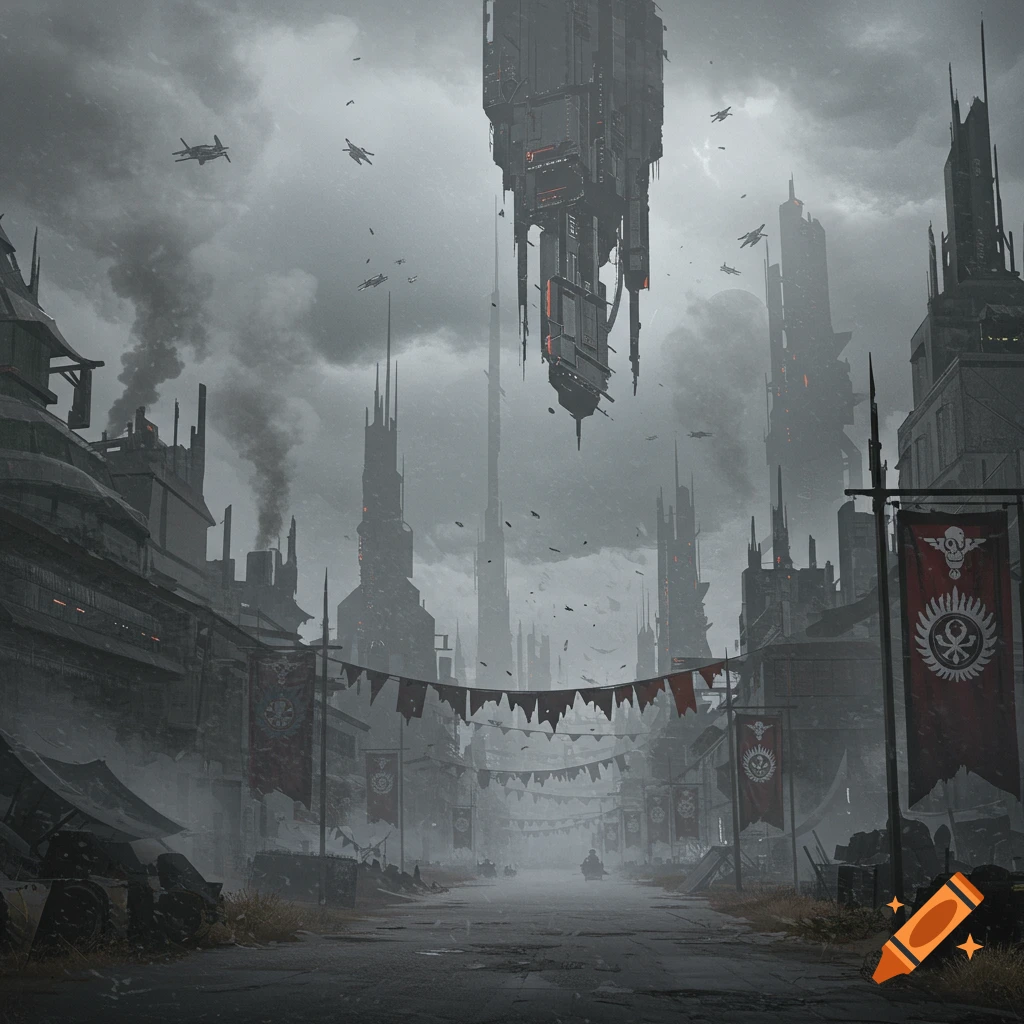 A grim, smoggy dystopian city with towering buildings, flying vehicles, and a massive floating structure under a dark, alien sky.