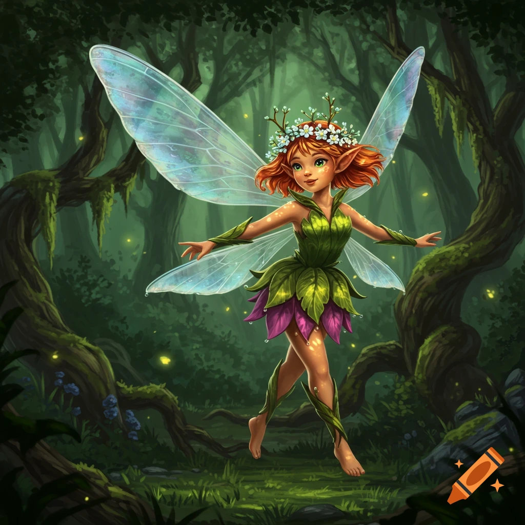 A whimsical fairy with red hair, translucent wings, and a leaf dress dances in an enchanted forest.