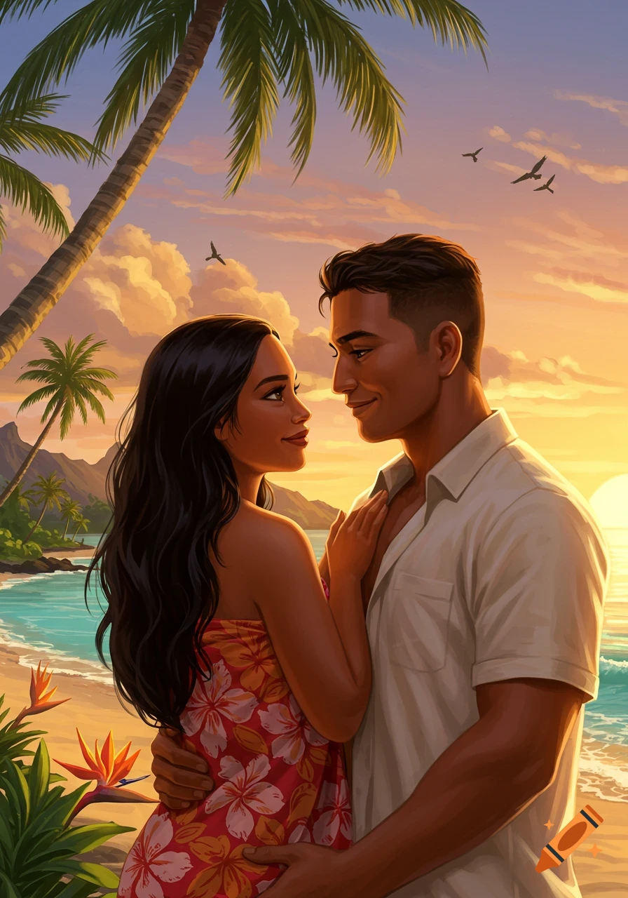 Polynesian couple embracing on a tropical beach at sunset, with palm trees and ocean in the background.
