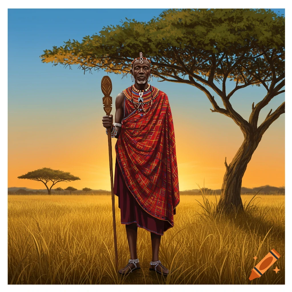 An African man in traditional red attire and beaded jewelry holds a staff while standing in a grassy savanna at sunset.