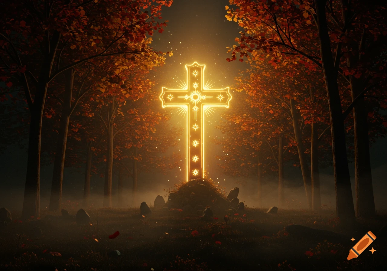 A radiant golden cross illuminates a dark, misty autumn forest with glowing particles.