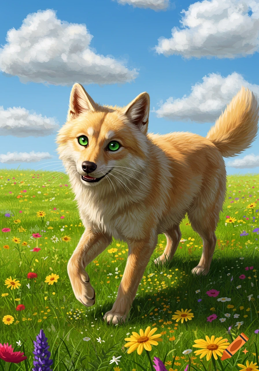 A golden-furred creature with bright green eyes walks through a vibrant meadow of colorful wildflowers under a blue sky with white clouds.