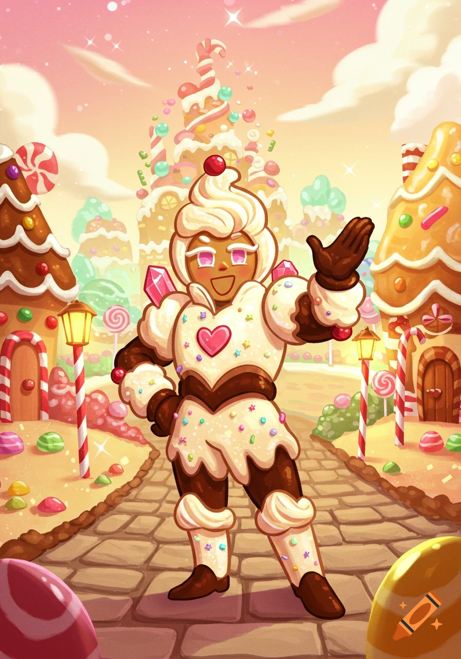 A cheerful, brown-skinned character made of a cookie base and white frosting armor with candy sprinkles stands in a vibrant candy land.