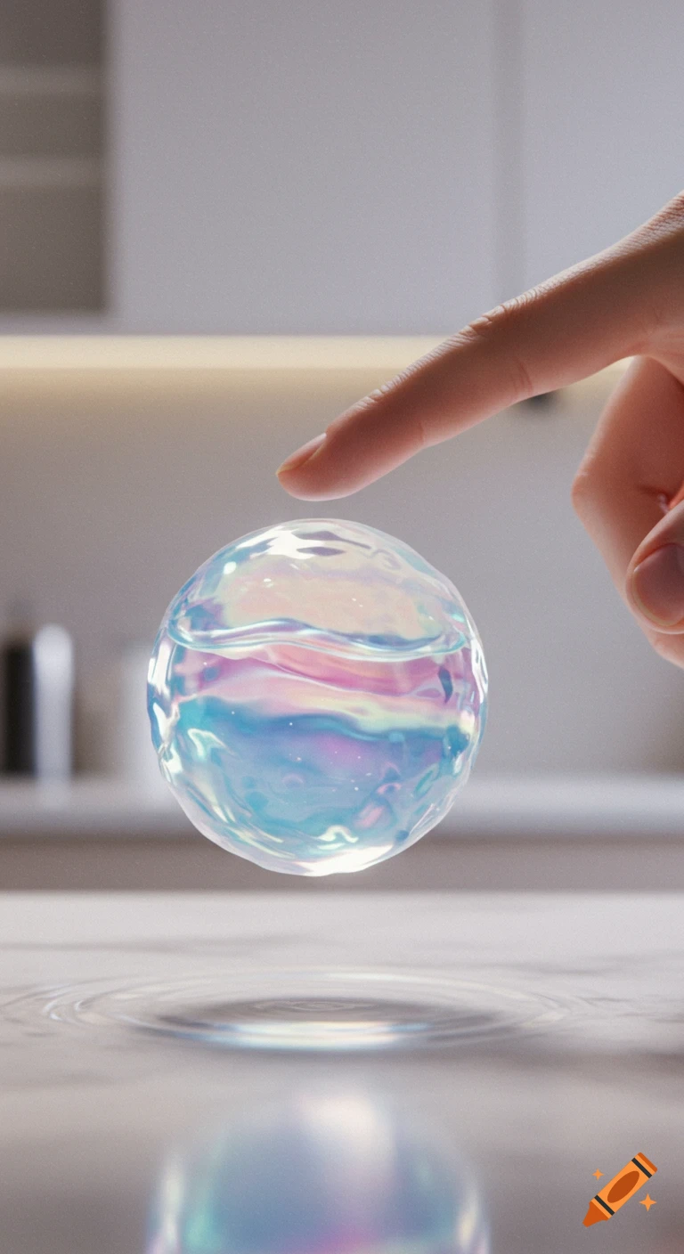 A close-up, photorealistic image of a finger hovering over an iridescent, clear sphere, which floats above a rippling surface.