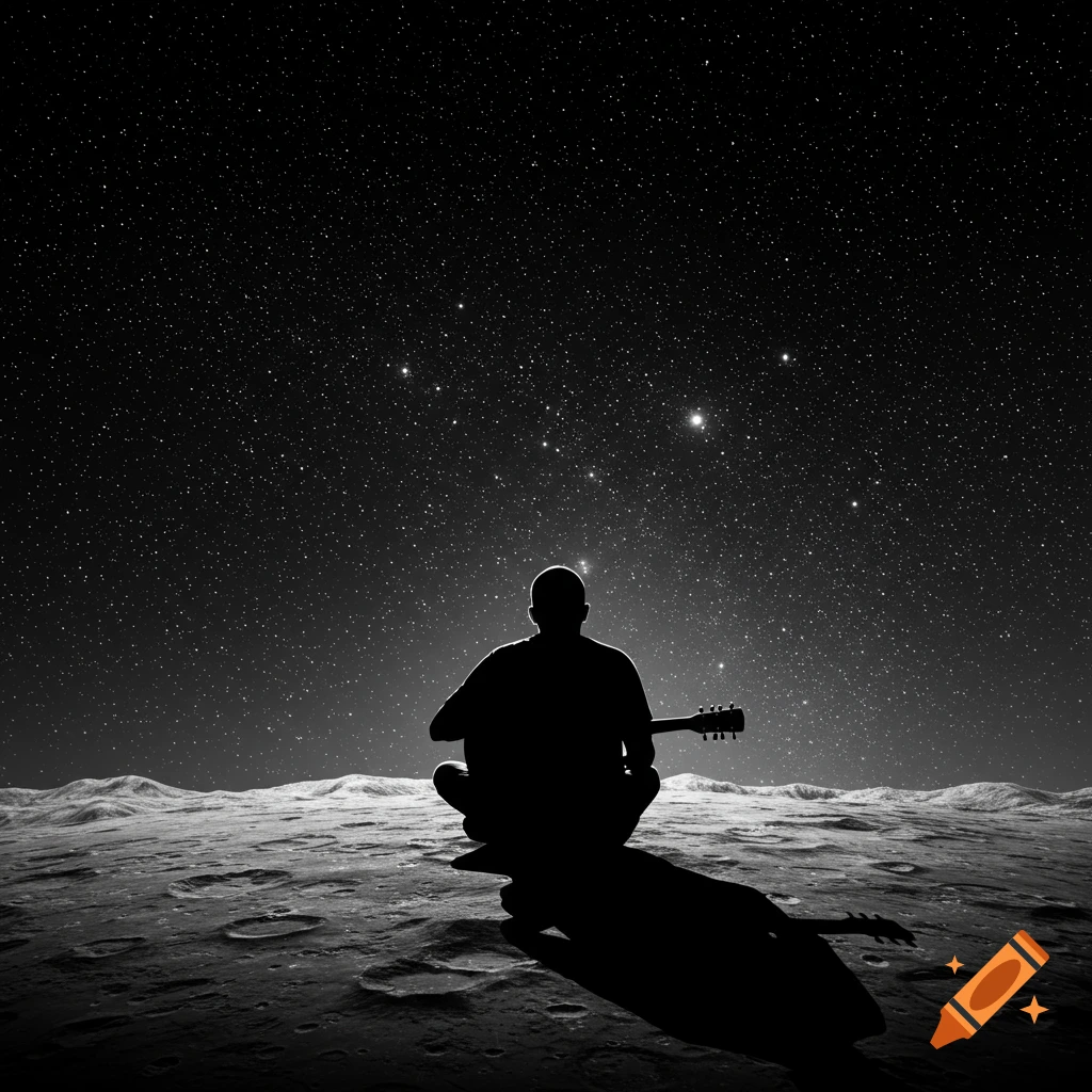 A black and white silhouette of a person playing a guitar, sitting on a cratered moon surface under a starry night sky.