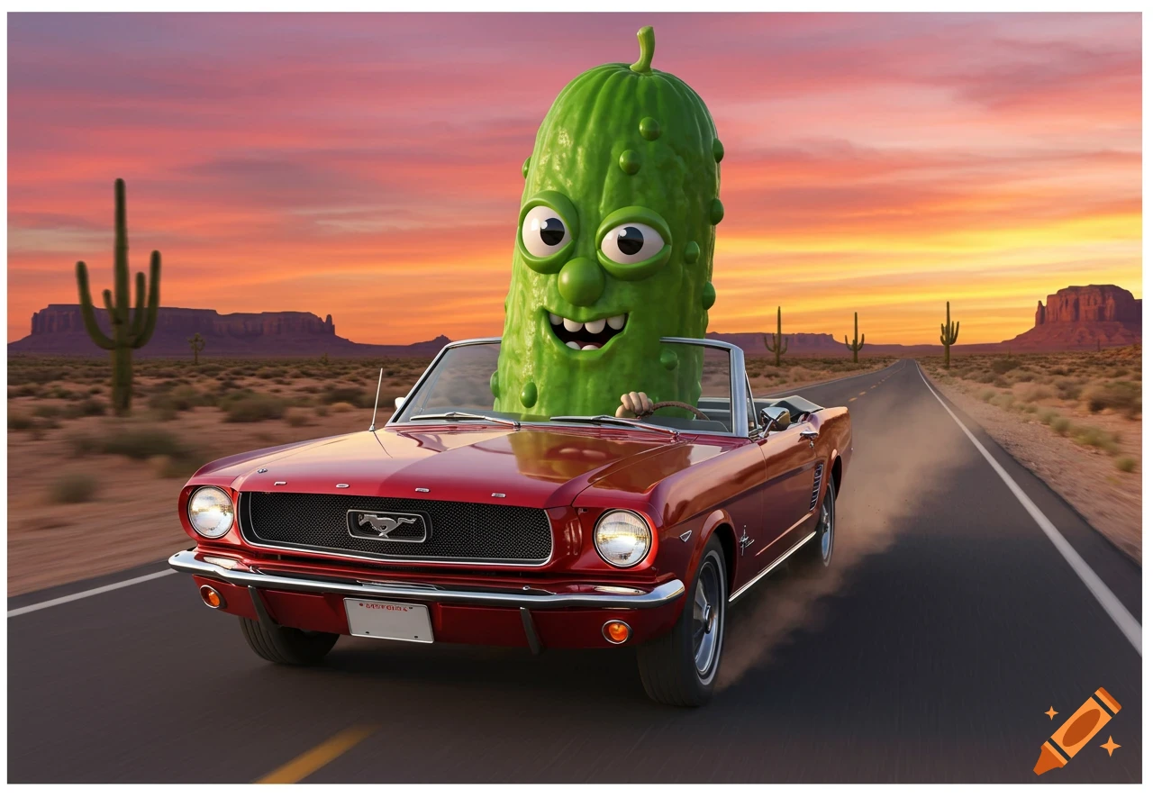 A smiling cartoon green pickle with big eyes drives a red convertible Mustang on a desert highway at sunset.