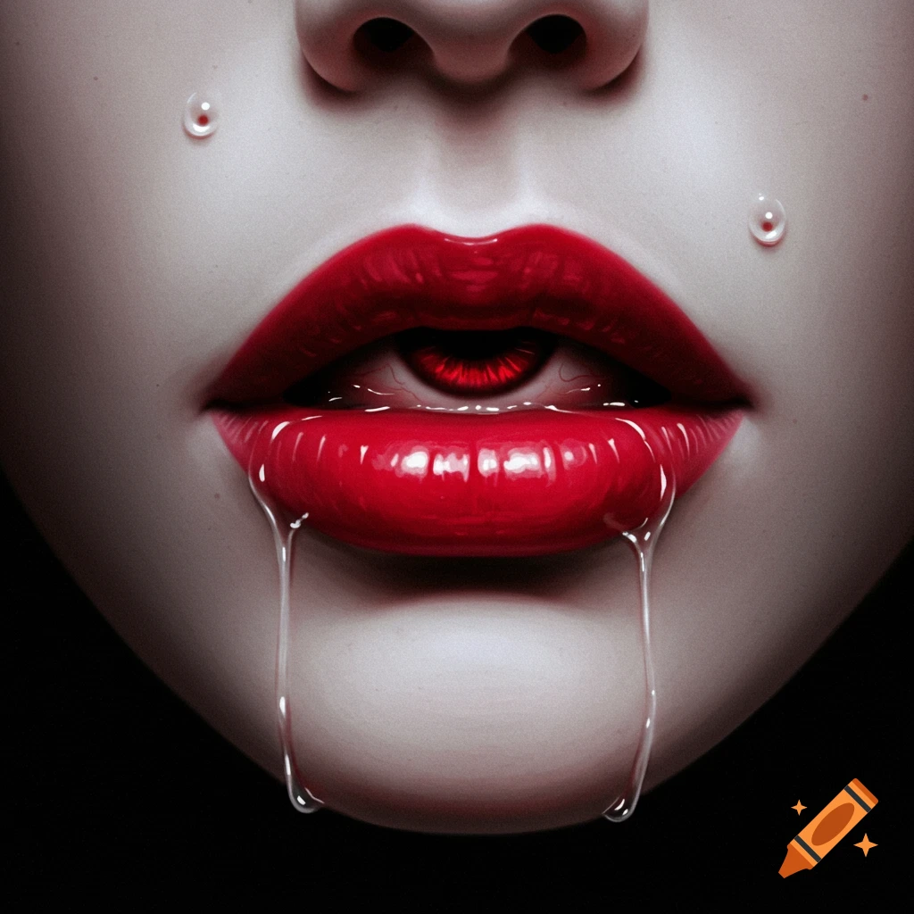 Close-up of a pale face with bright red lips and an open mouth revealing a single red eye. Clear liquid drips from the lips.