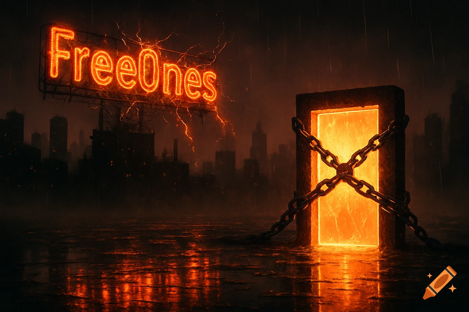 A dark, rainy, dystopian cityscape at night with a flickering neon sign reading "FreeOnes" and a glowing orange portal wrapped in chains.