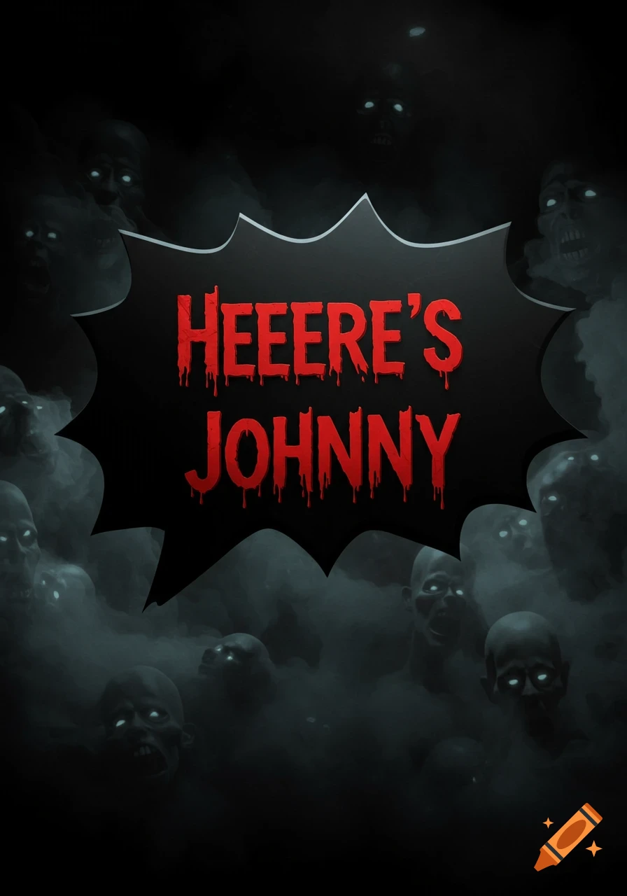 A horror illustration with a black speech bubble in the center, featuring red, blood-dripping text "HEEERE'S JOHNNY". Gloomy zombie faces with glowing white eyes emerge from dark fog surrounding the bubble.