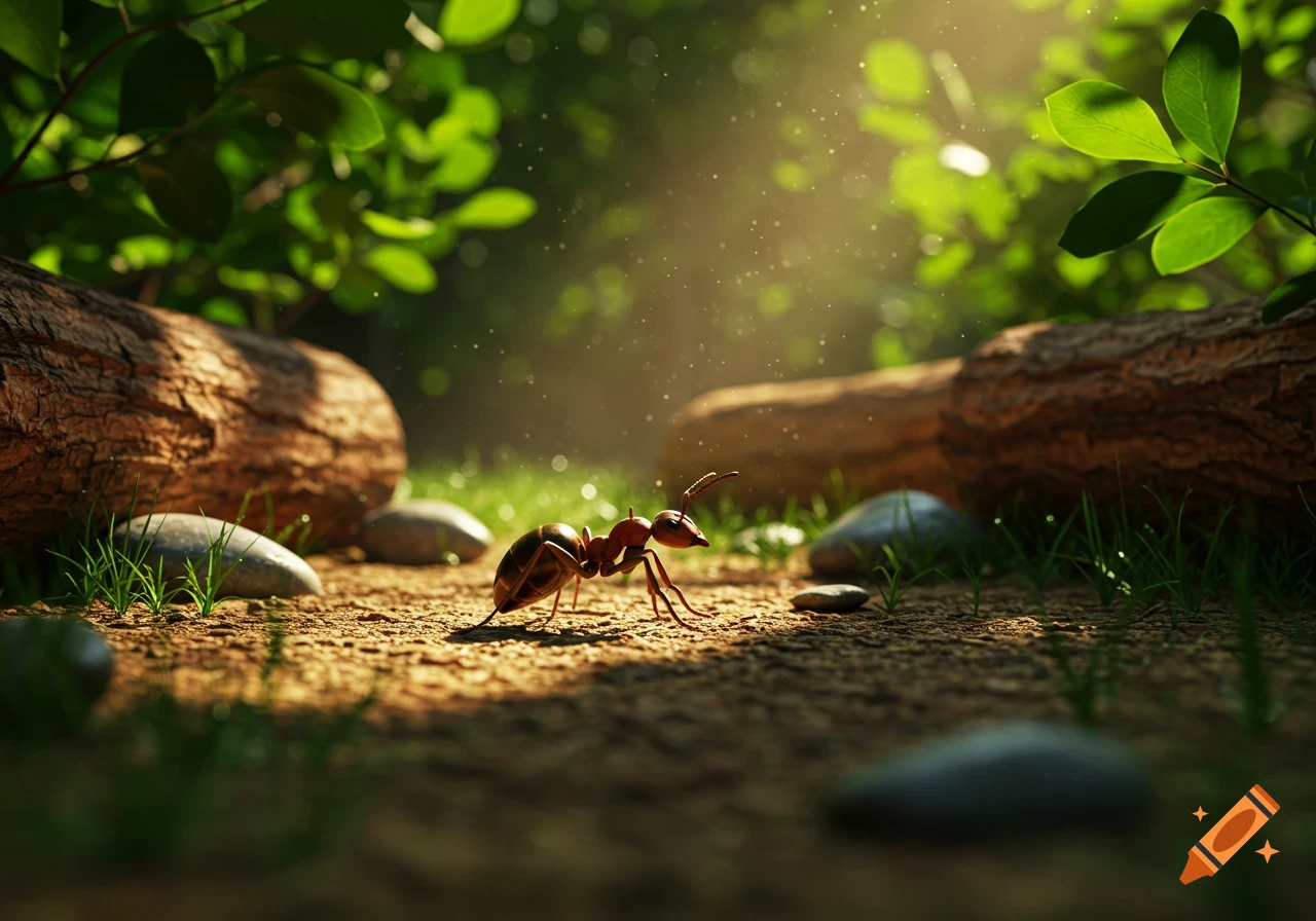 A close-up, ground-level view of a brown ant walking on dirt amidst dappled sunlight, with logs and green foliage blurred in the forest background.