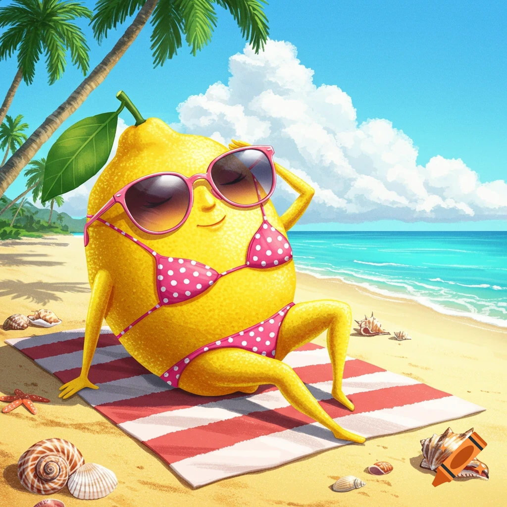 A cartoon lemon in a pink polka-dot bikini and sunglasses sunbathes on a red and white striped towel on a sunny beach.
