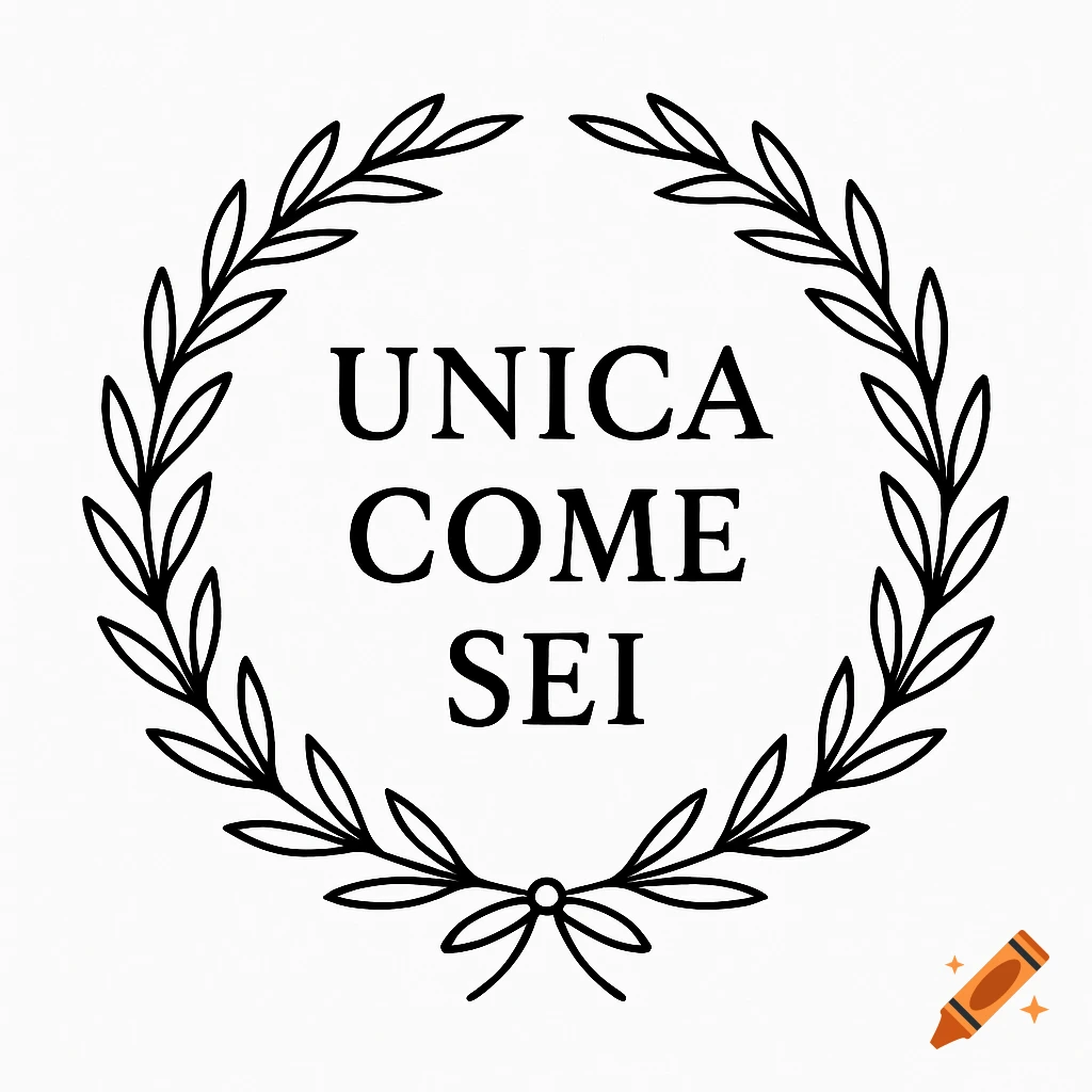 Minimalist black line art of a laurel wreath forming a perfect circle with a small bow, surrounding the text 'UNICA COME SEI'.