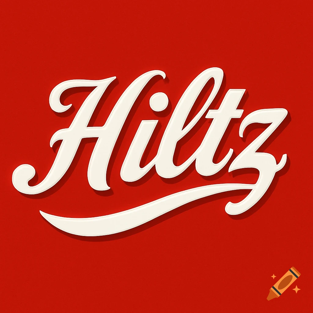 The word 'Hiltz' in a glossy white script font with a shadow effect, on a textured red background.