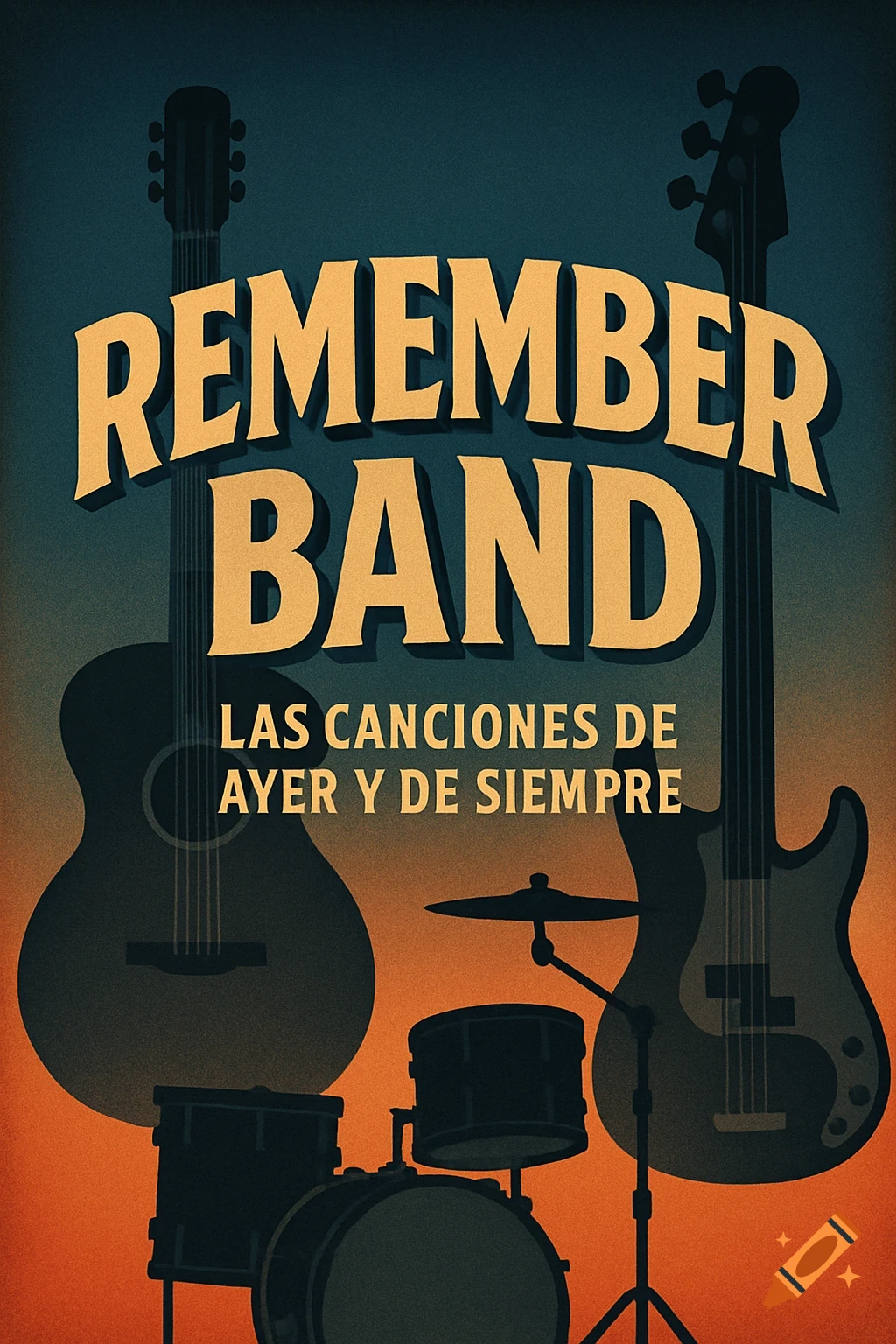 Vintage-style music poster for "REMEMBER BAND" with silhouettes of a guitar, bass, and drum kit, against an orange and blue gradient.