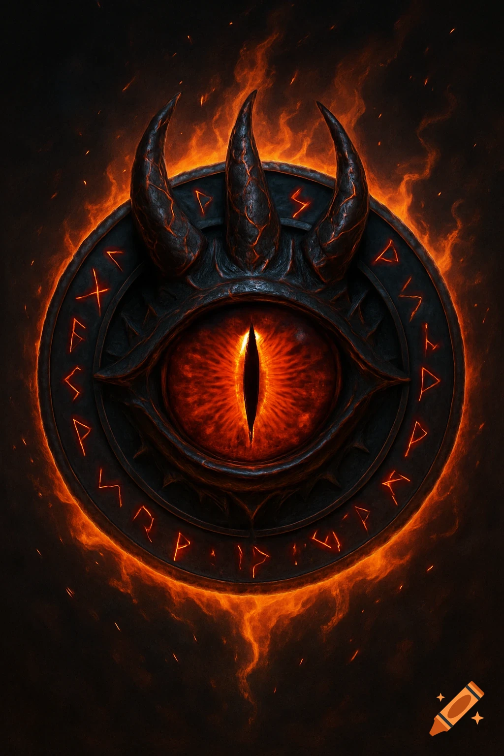 A dark, fiery emblem featuring a red obsidian eye with a vertical pupil, surrounded by glowing horns, runes, and flames.