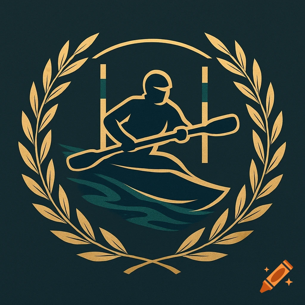 A gold and teal logo featuring a kayaker paddling through slalom poles, encircled by a golden laurel wreath.