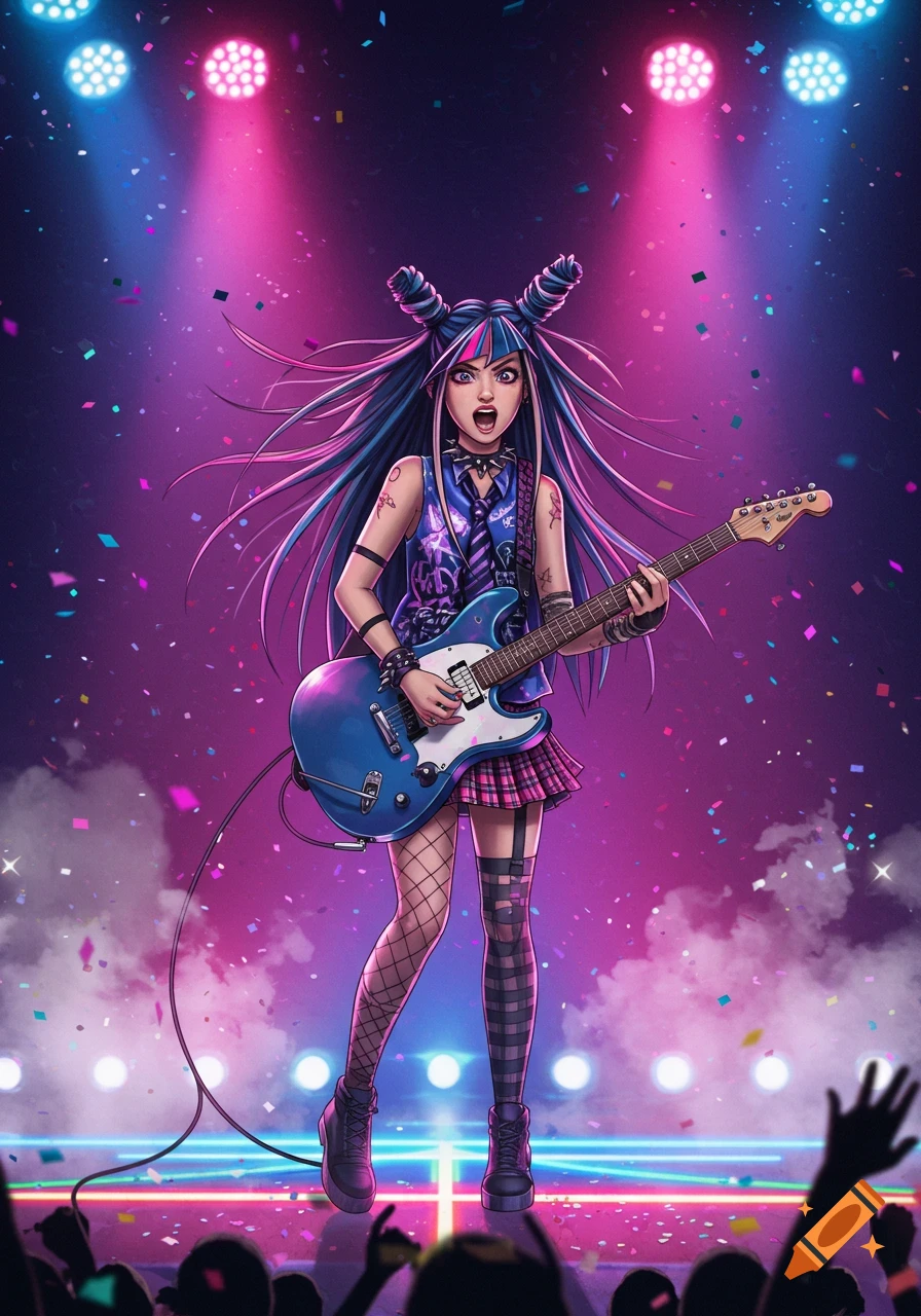 Anime-style punk girl with blue hair in space buns playing an electric guitar on a stage under vibrant pink and blue spotlights, with confetti falling.