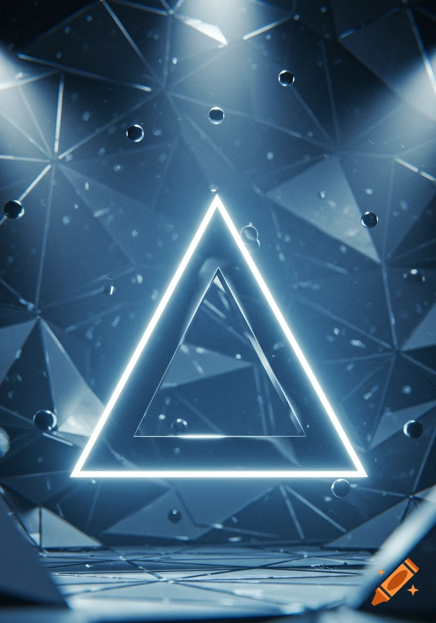 A neon glowing triangle floats amidst an abstract 3D dark geometric background with small reflective spheres.