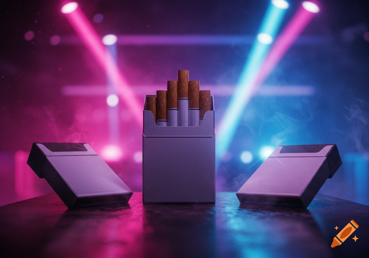 An open pack of cigarettes and two closed packs on a reflective surface, illuminated by neon pink and blue club lights with a hazy background.