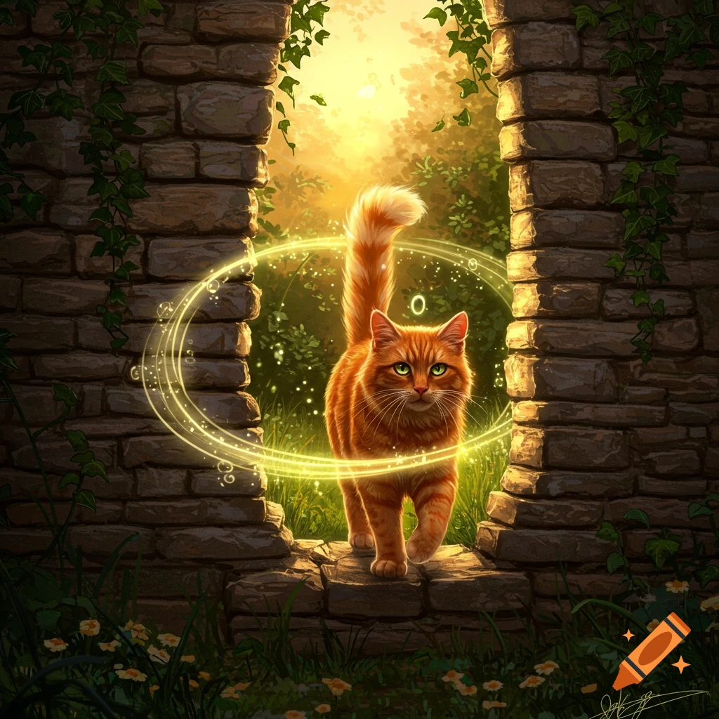 A fluffy ginger cat with green eyes walks through a glowing, shimmering magical portal set in a mossy stone wall, bathed in golden light.