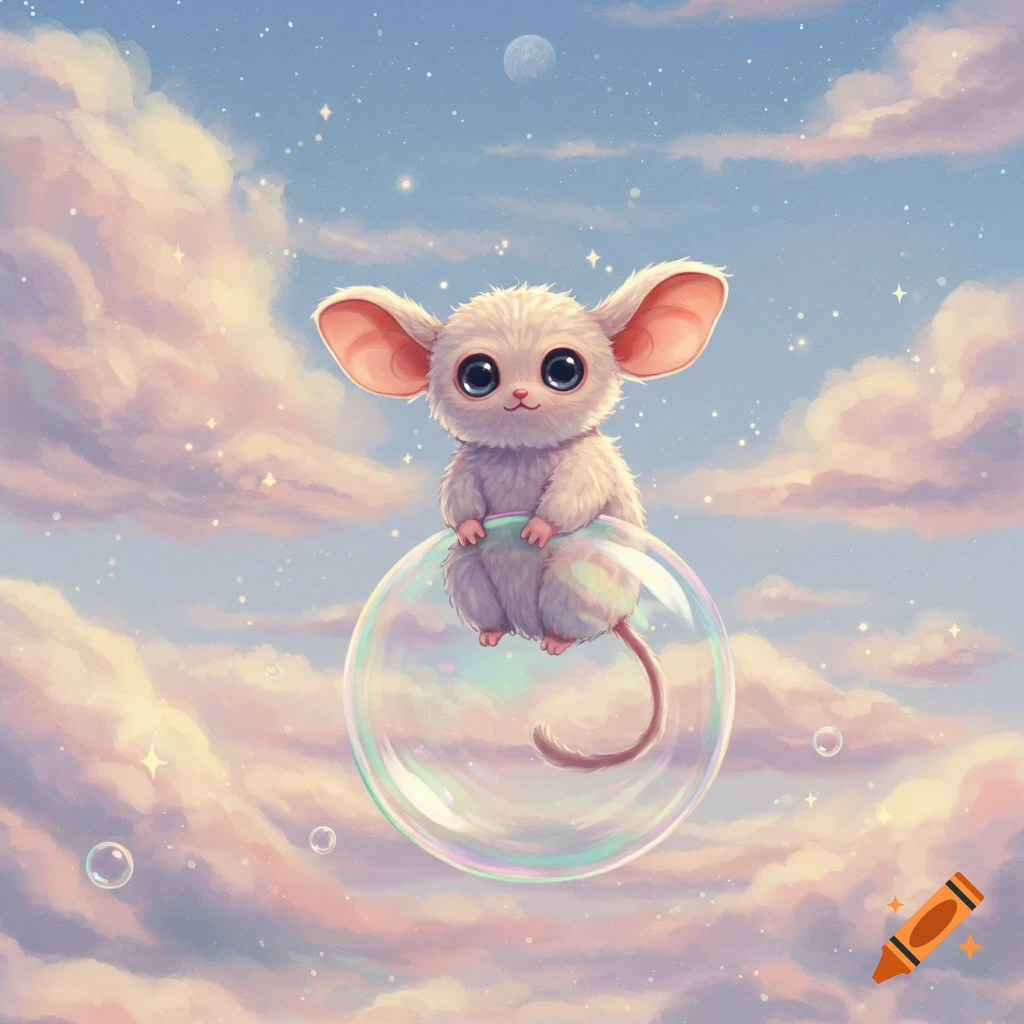 A cute, fluffy, big-eared creature with large eyes sits on a shimmering bubble, floating among pastel clouds in a starry sky.