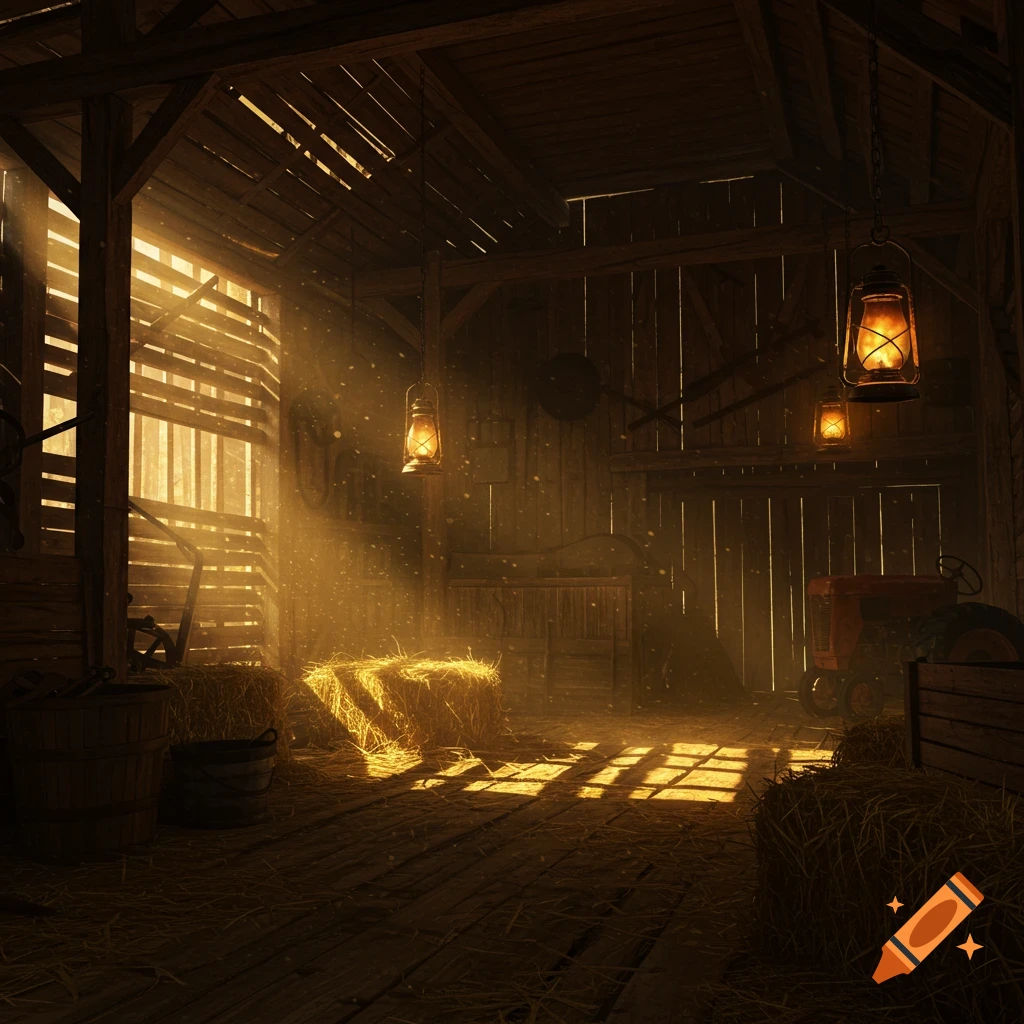 Photorealistic image of a dark barn interior with sunbeams, dust motes, hay bales, and lanterns.