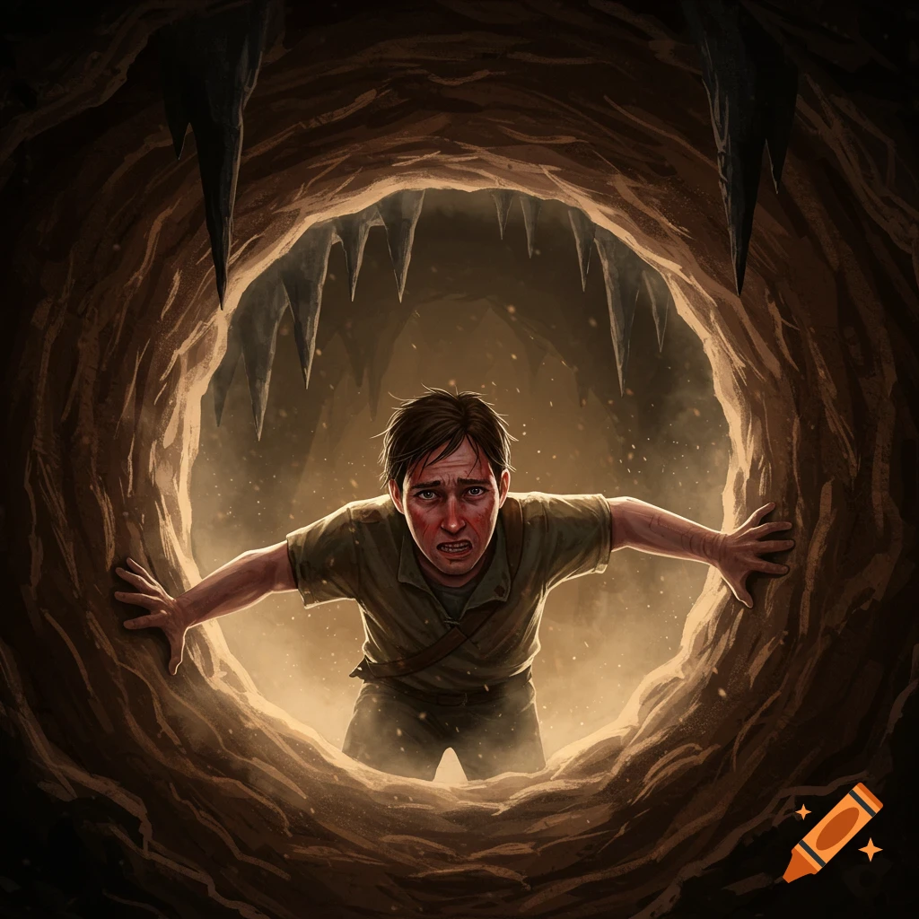 A terrified man is stuck, looking up from inside a dark, jagged hole with sharp rock formations.