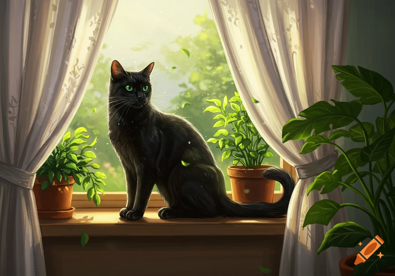 A black cat with green eyes sits on a sunlit windowsill between white curtains, surrounded by potted green plants.