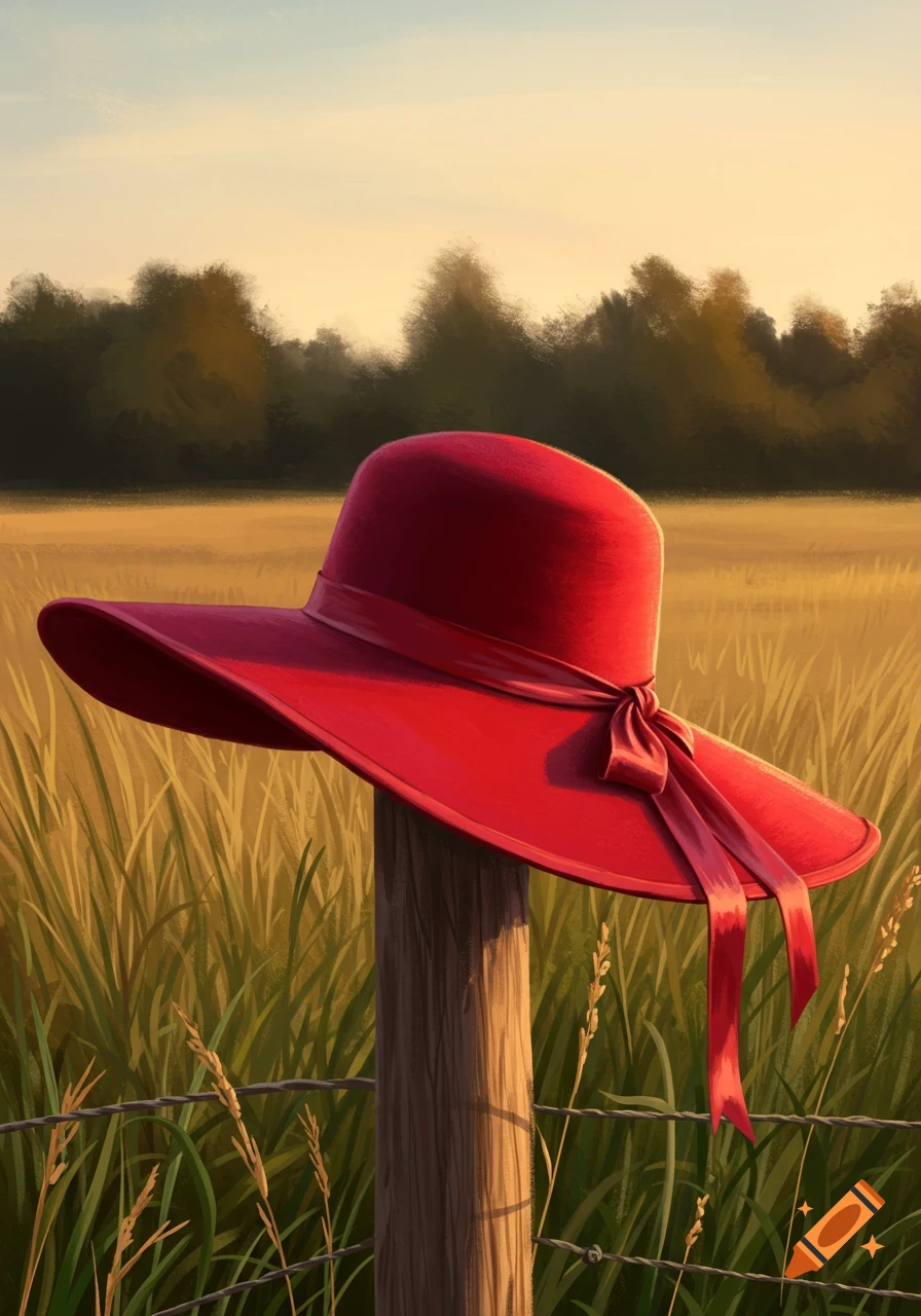 A vibrant red hat with a ribbon bow rests on a wooden fence post in a golden, grassy field with trees under a clear, warm sky.