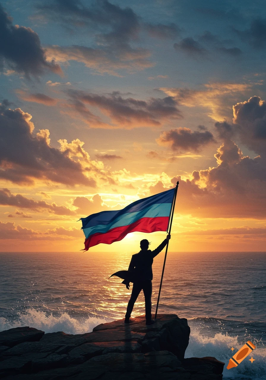 A silhouetted man stands on ocean rocks, holding a flag against a dramatic sunset sky.
