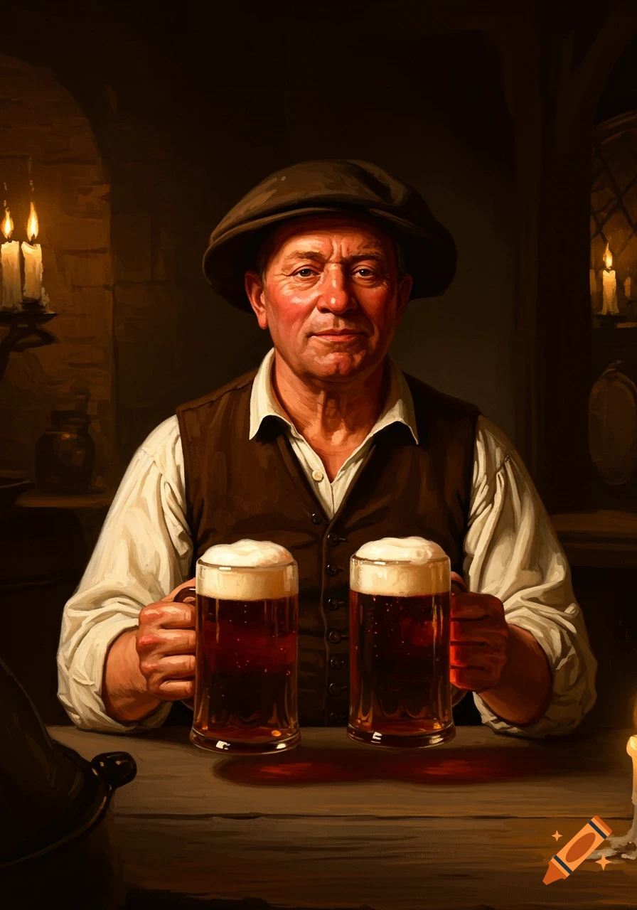 A man in a flat cap and vest holds two frothy pints of beer in a dimly lit, painterly tavern scene.