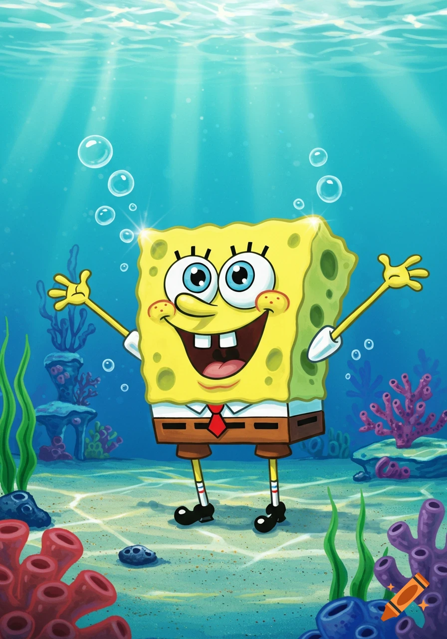 Spongebob Squarepants stands happily underwater amidst coral and rocks in a vibrant cartoon style.