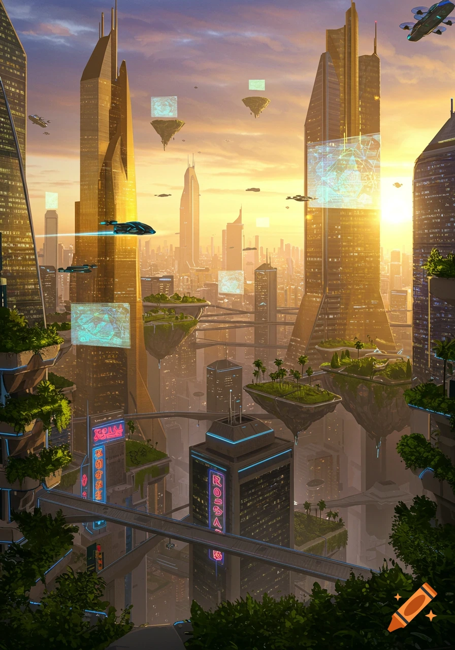 Vibrant futuristic city at sunrise with towering skyscrapers, flying vehicles, and floating islands covered in greenery.