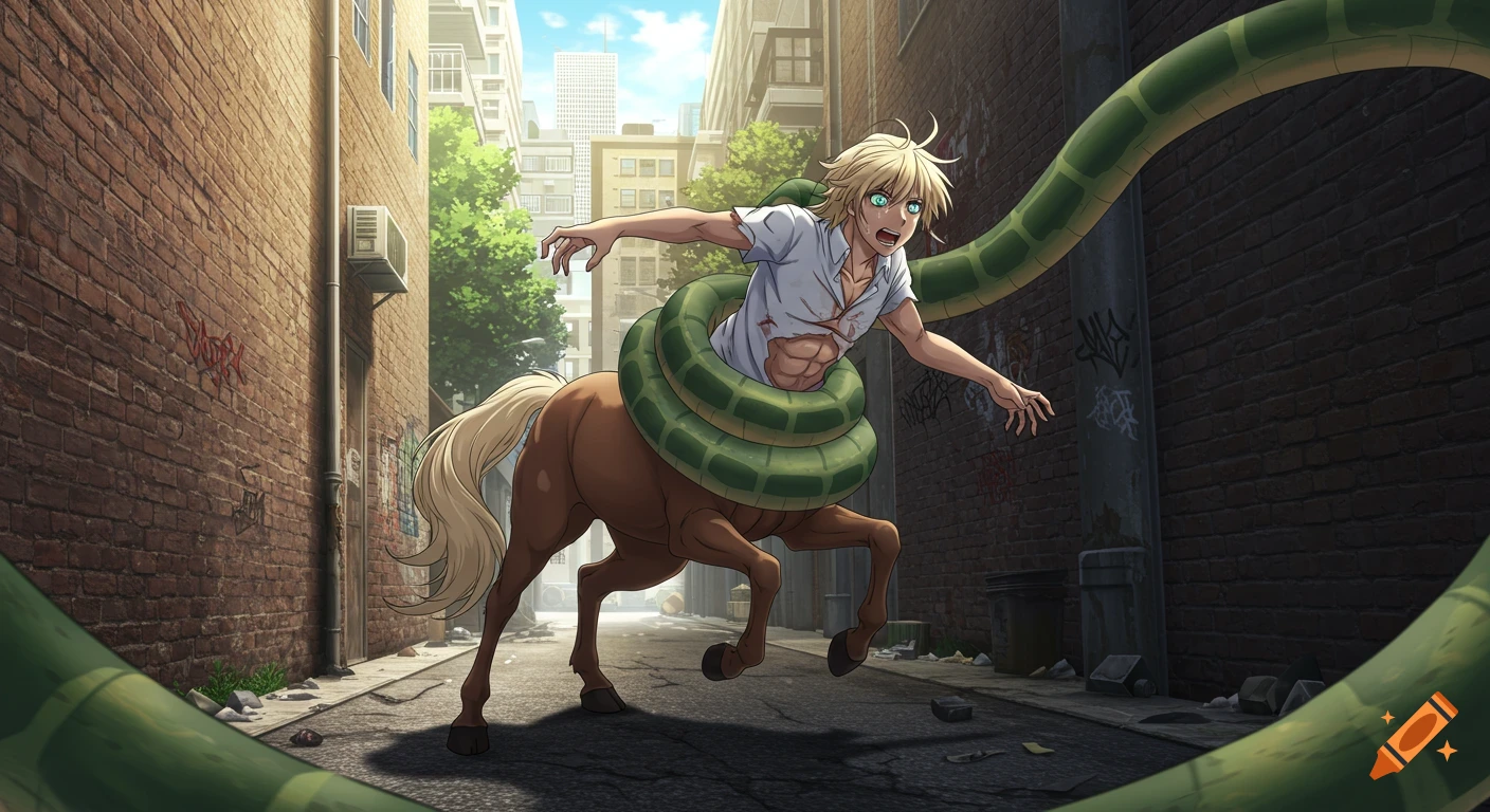 An anime-style centaur with a blond human half and a brown horse half struggles against a large green anaconda coiled around its waist in a city alley.